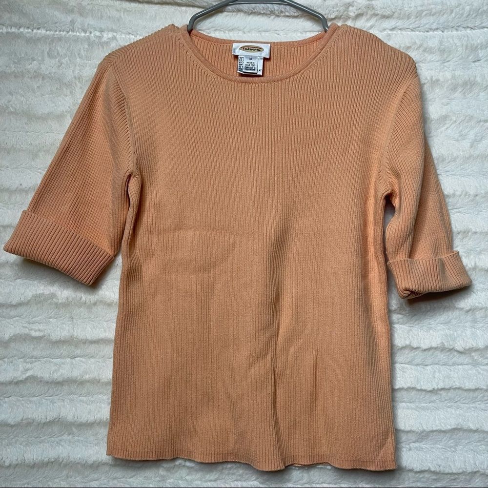 ✨ Vintage Talbots Sz M COTTON Soft Orange Sweater Top Red Ribbed Short Sleeve